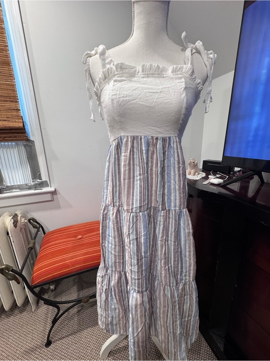 By The River Dresses & Skirts - White Ruched Bodice Tiered Striped Maxi Dress